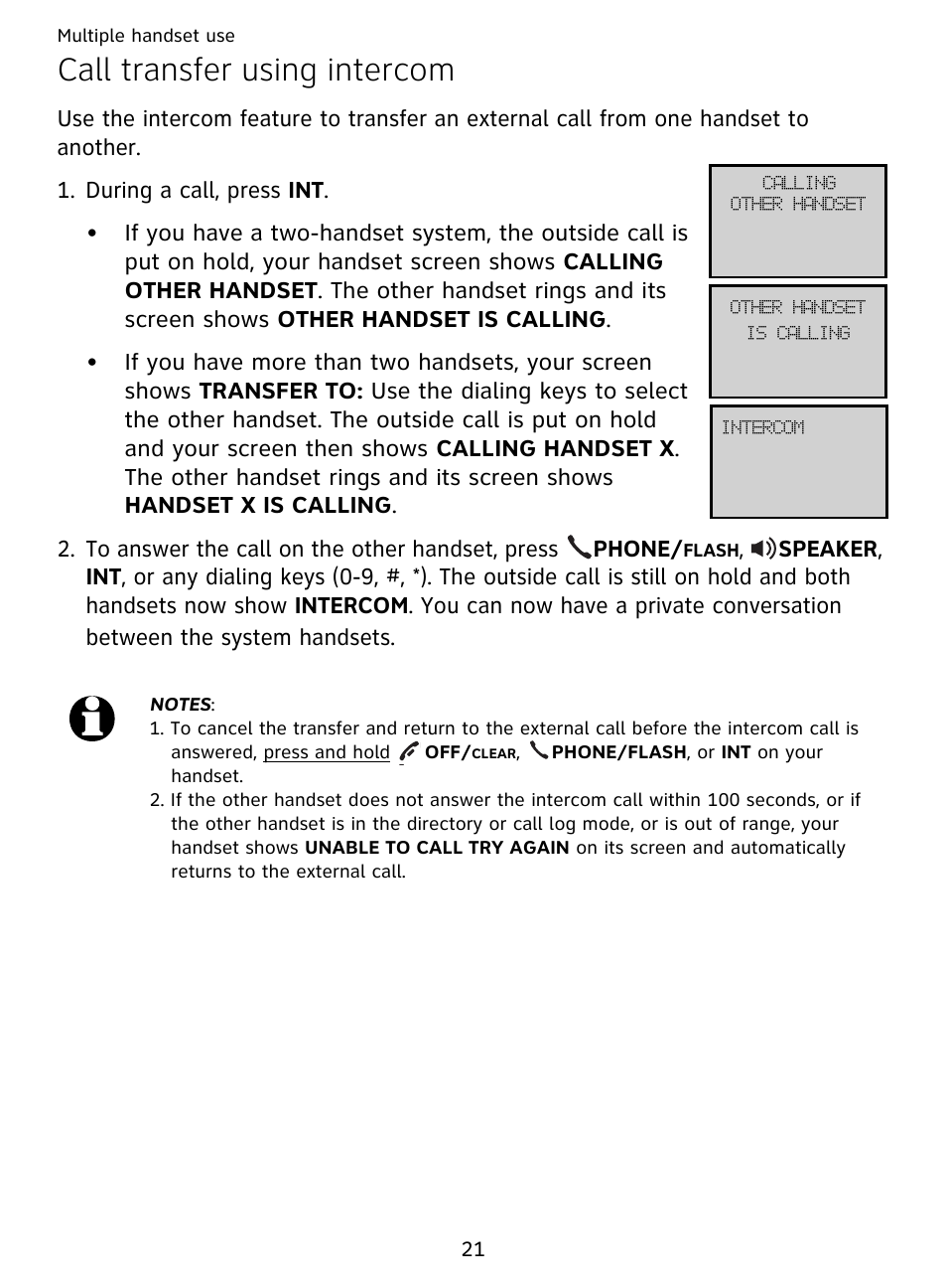 Call transfer using intercom | AT&T DECT EL51359 User Manual | Page 26 / 65