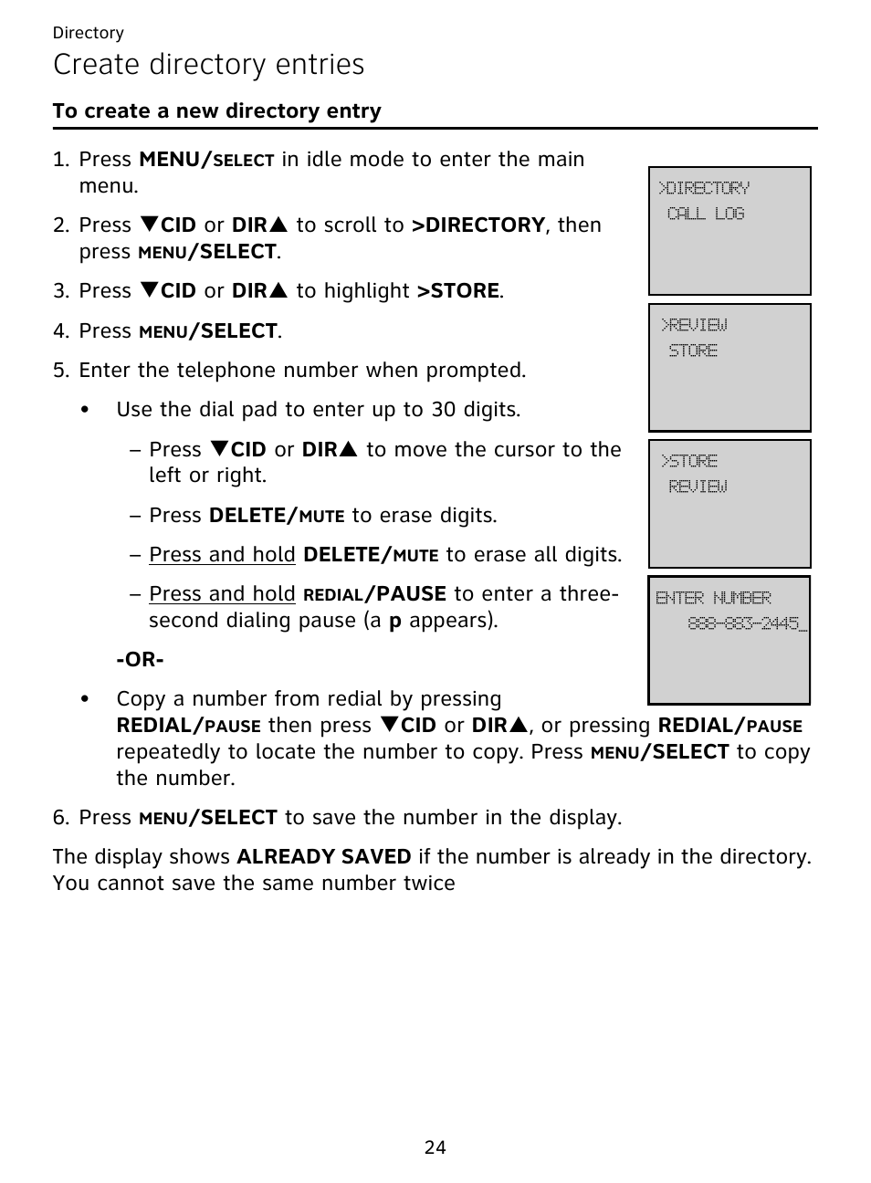 Create directory entries, To create a new directory entry | AT&T DECT EL51359 User Manual | Page 29 / 65