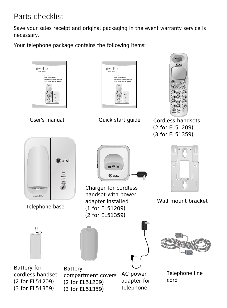 1 for el51209), 2 for el51359), Wall mount bracket | Parts checklist, Cordless handsets, 2 for el51209), 3 for el51359), Battery for cordless handset, Battery compartment covers, Ac power adapter for telephone base | AT&T DECT EL51359 User Manual | Page 3 / 65