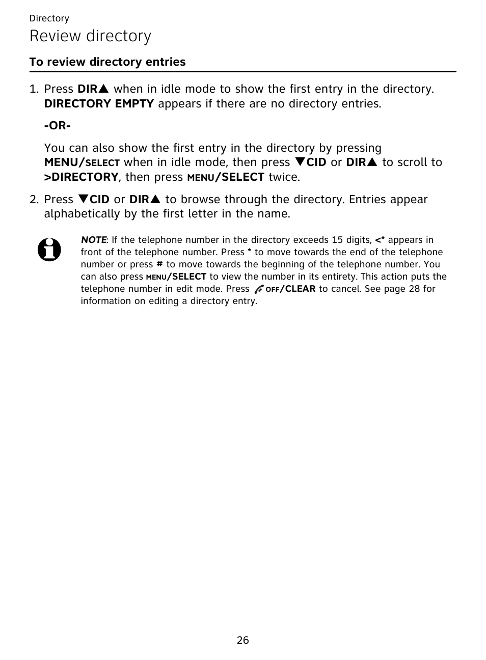 Review directory, To review directory entries | AT&T DECT EL51359 User Manual | Page 31 / 65