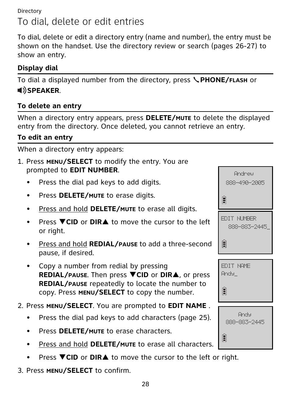 To dial, delete or edit entries, Display dial to delete an entry to edit an entry | AT&T DECT EL51359 User Manual | Page 33 / 65