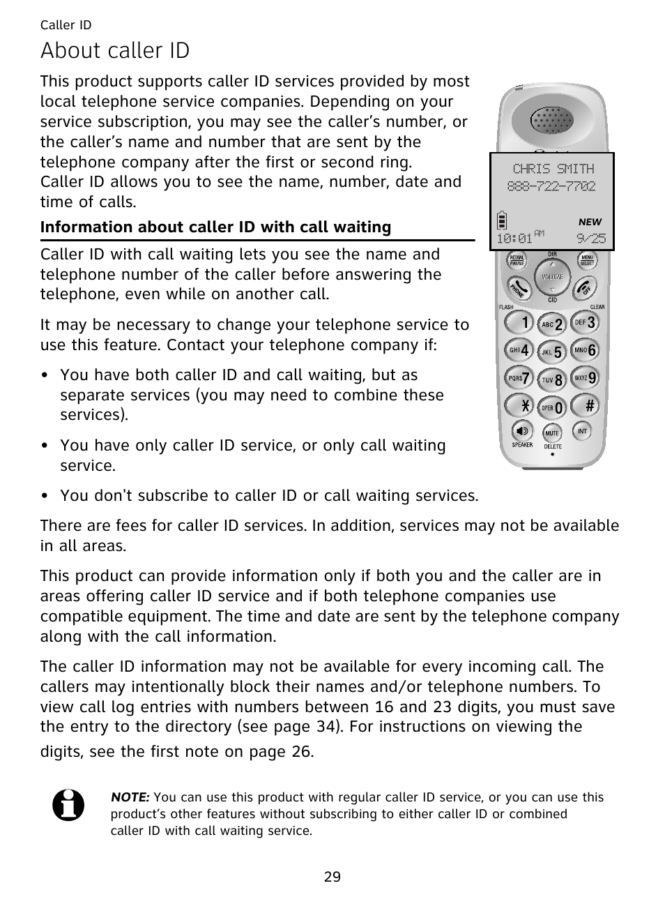 Chris smith, About caller id, Information about caller id with call waiting | AT&T DECT EL51359 User Manual | Page 34 / 65