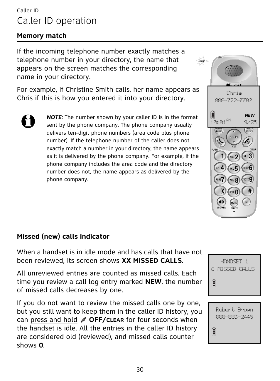 Caller id operation, Chris, Memory match missed (new) calls indicator | AT&T DECT EL51359 User Manual | Page 35 / 65