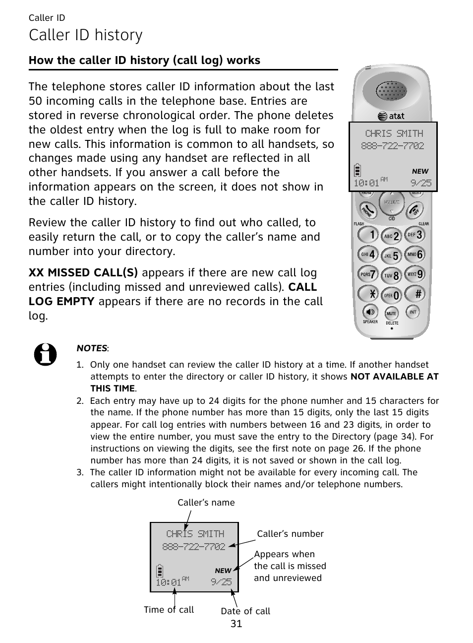 Caller id history, Chris smith, How the caller id history (call log) works | AT&T DECT EL51359 User Manual | Page 36 / 65