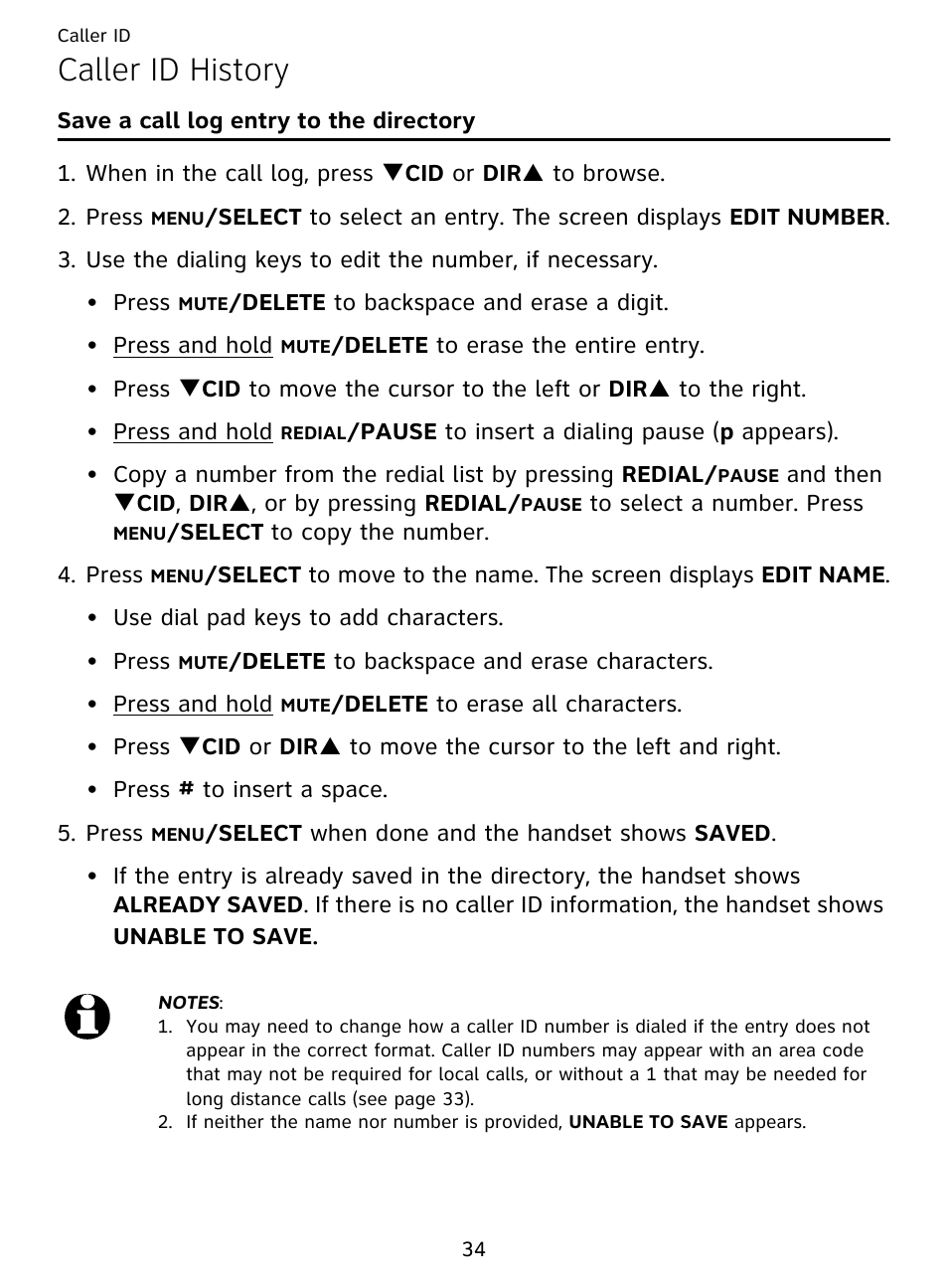 Caller id history, Save a call log entry to the directory | AT&T DECT EL51359 User Manual | Page 39 / 65