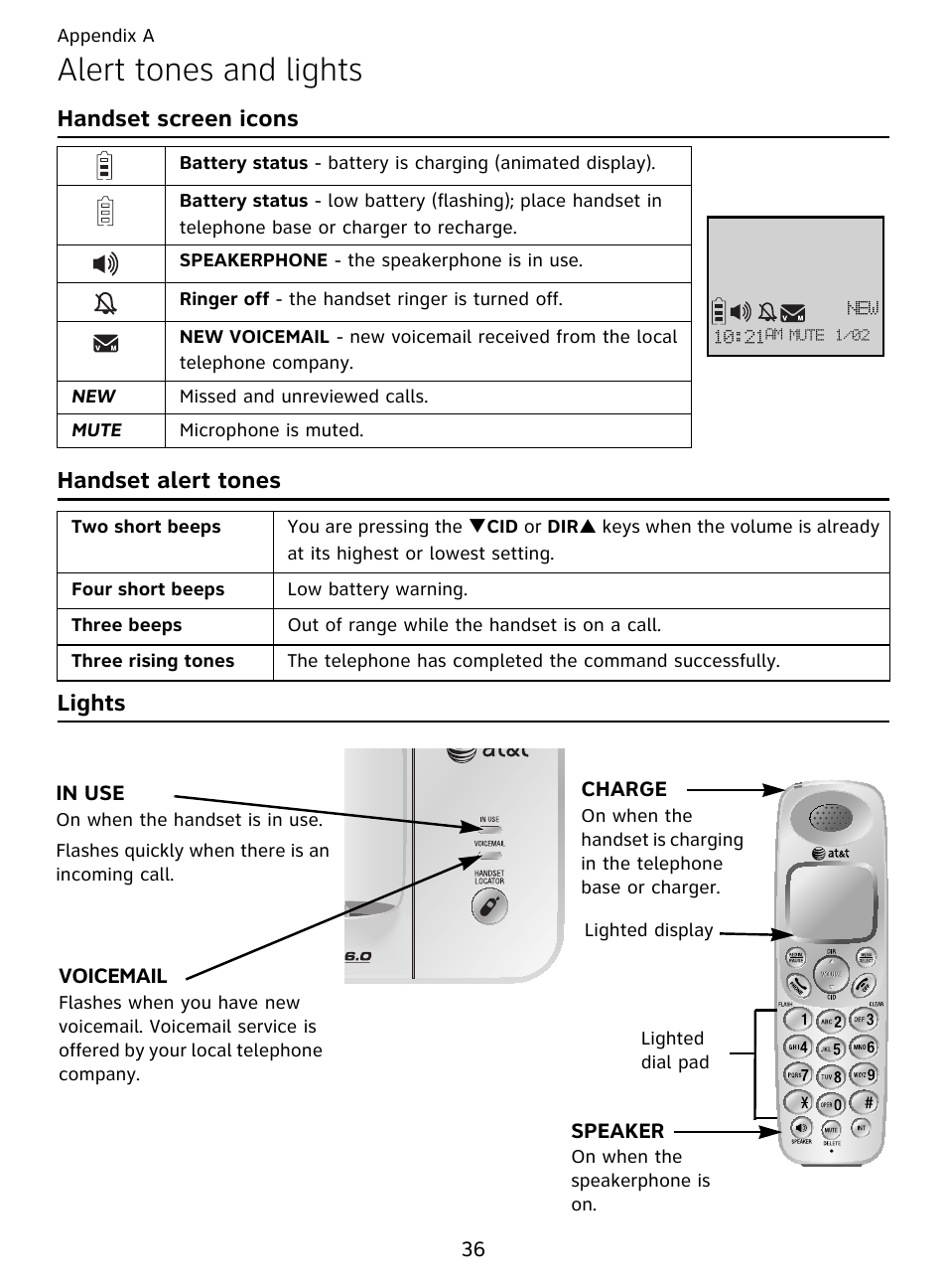 Alert tones and lights, Handset screen icons handset alert tones lights | AT&T DECT EL51359 User Manual | Page 41 / 65