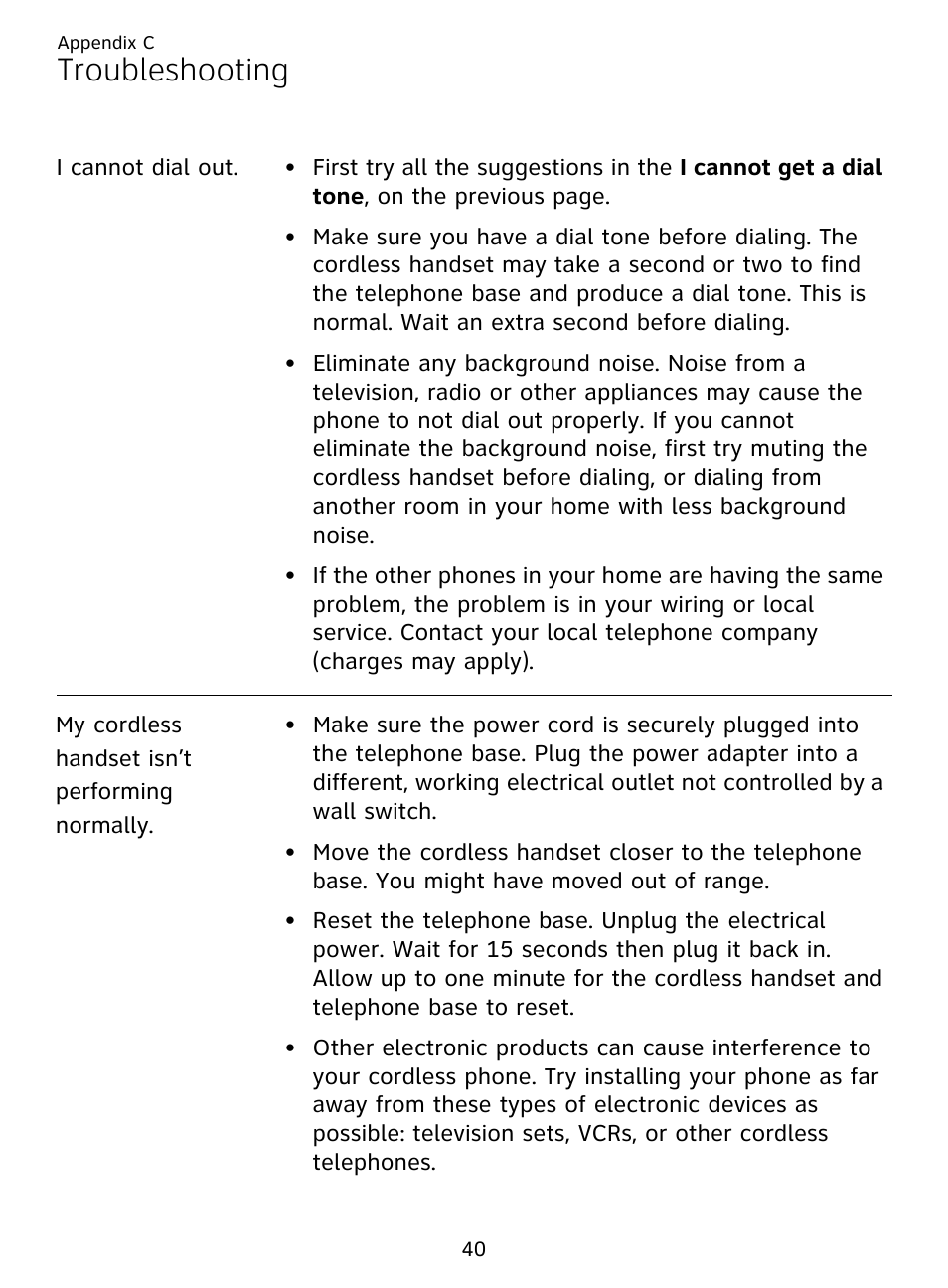 Troubleshooting | AT&T DECT EL51359 User Manual | Page 45 / 65