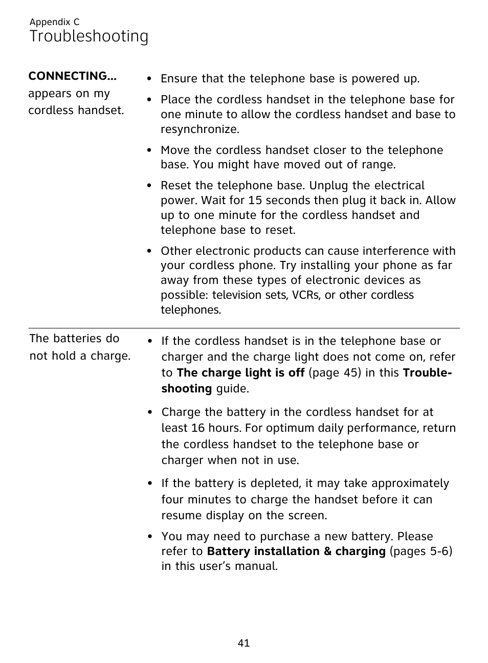 Troubleshooting | AT&T DECT EL51359 User Manual | Page 46 / 65