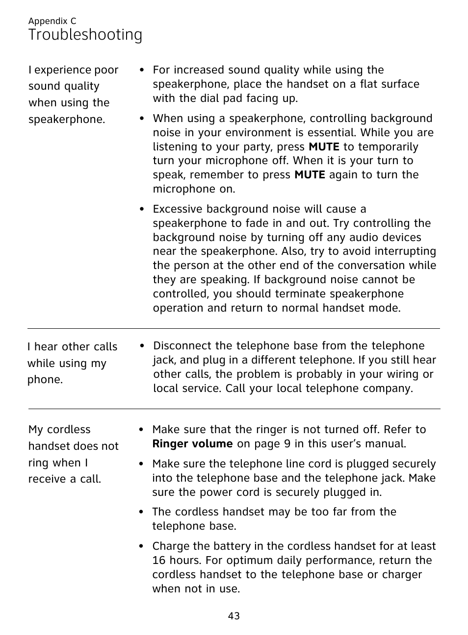 Troubleshooting | AT&T DECT EL51359 User Manual | Page 48 / 65