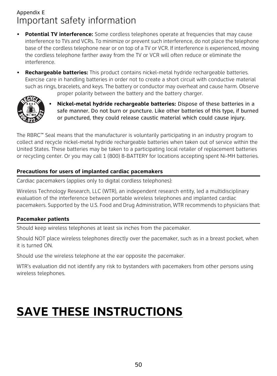 Important safety information, Save these instructions | AT&T DECT EL51359 User Manual | Page 55 / 65