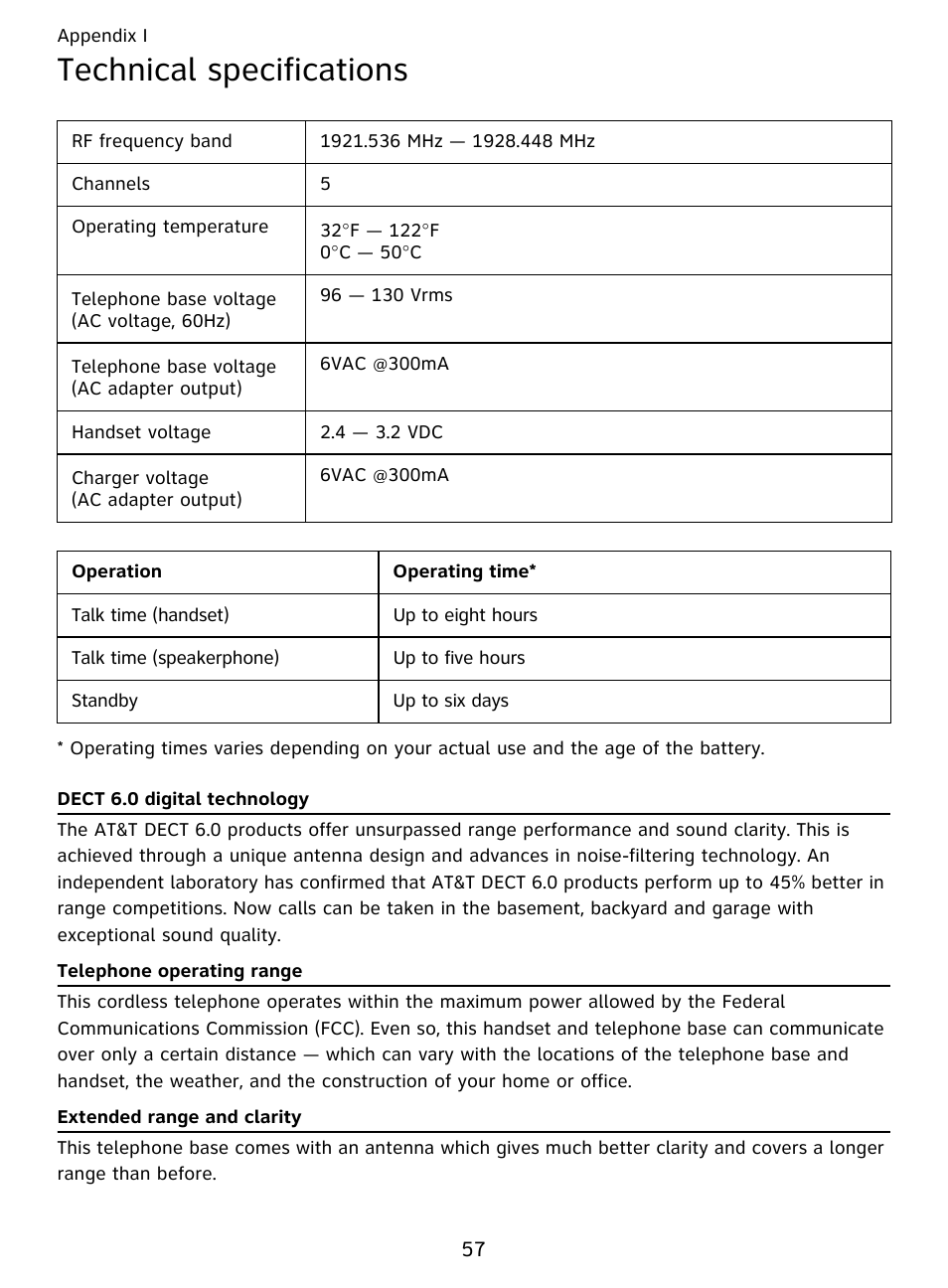 Technical specifications | AT&T DECT EL51359 User Manual | Page 62 / 65