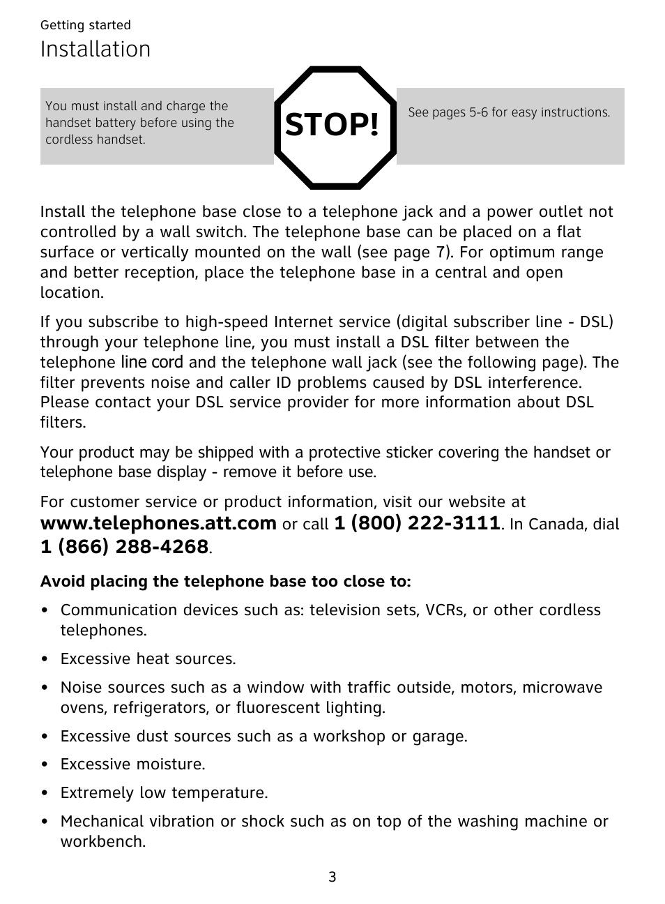 Installation, Stop | AT&T DECT EL51359 User Manual | Page 8 / 65