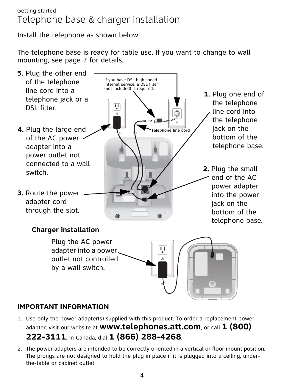 Telephone base & charger installation | AT&T DECT EL51359 User Manual | Page 9 / 65