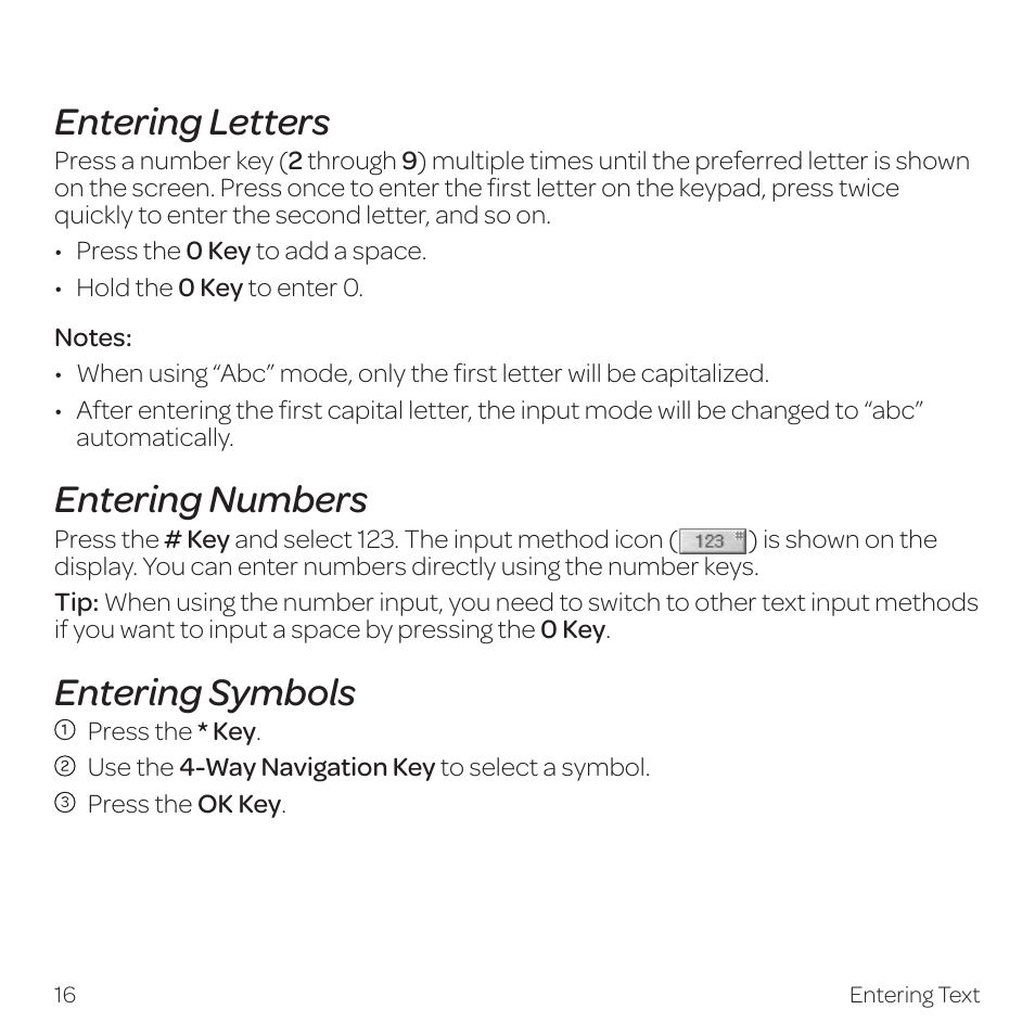 Entering letters, Entering numbers, Entering symbols | AT&T Z331 User Manual | Page 22 / 84