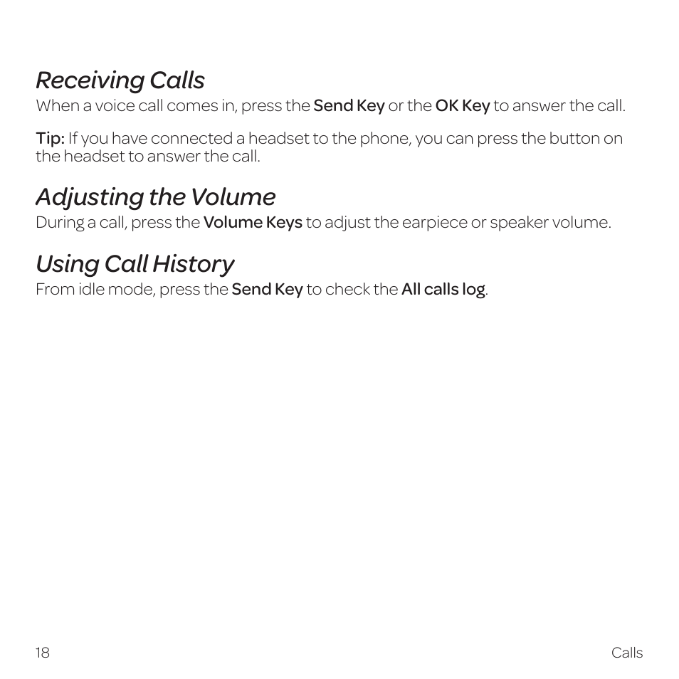 Receiving calls, Adjusting the volume, Using call history | AT&T Z331 User Manual | Page 24 / 84