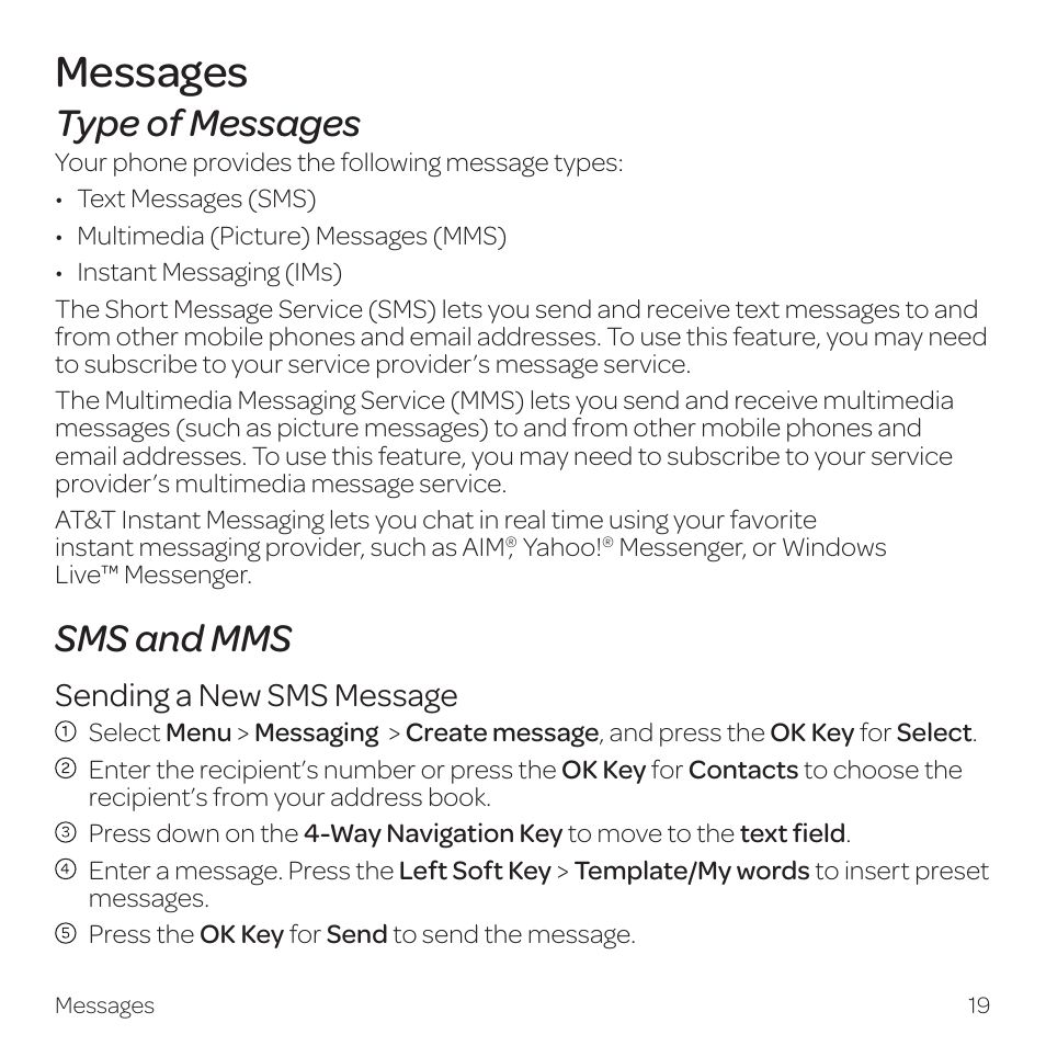 Messages, Type of messages, Sms and mms | Sending a new sms message | AT&T Z331 User Manual | Page 25 / 84