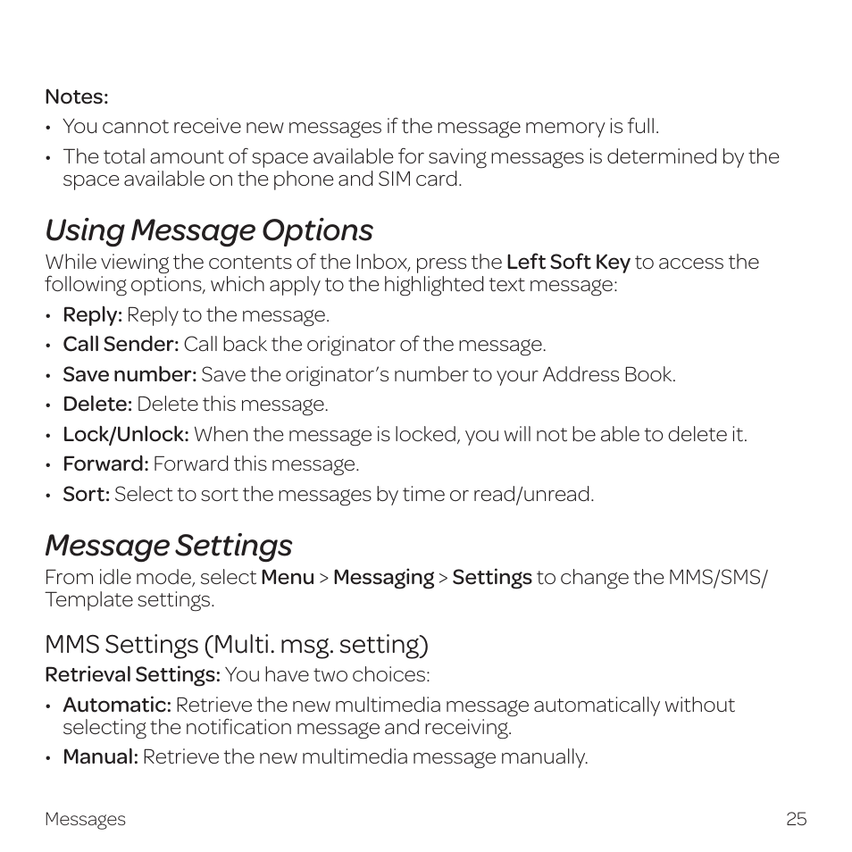 Using message options, Message settings | AT&T Z331 User Manual | Page 31 / 84