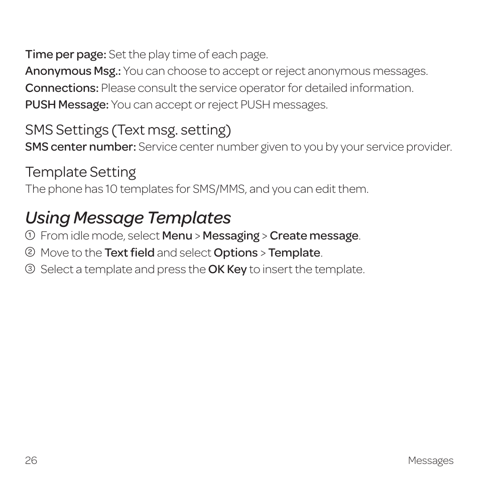 Using message templates | AT&T Z331 User Manual | Page 32 / 84