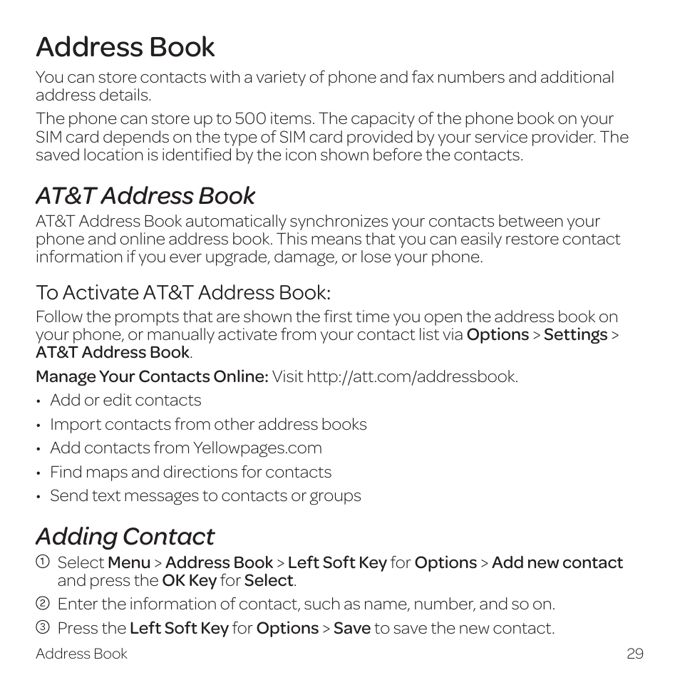 Address book, At&t address book, Adding contact | AT&T Z331 User Manual | Page 35 / 84