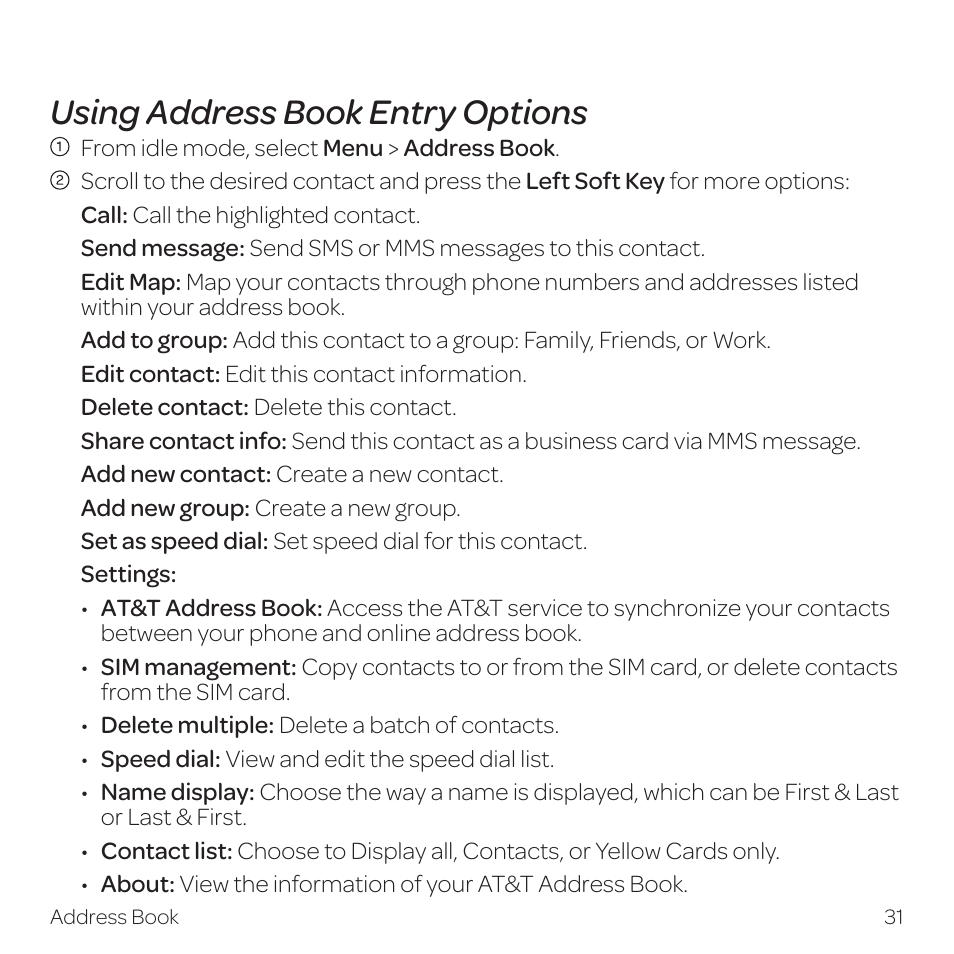 Using address book entry options | AT&T Z331 User Manual | Page 37 / 84