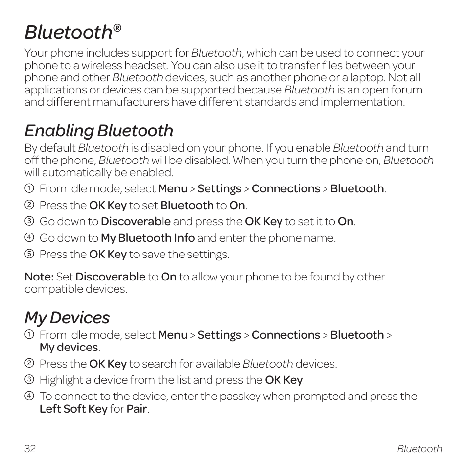 Bluetooth, Enabling bluetooth, My devices | AT&T Z331 User Manual | Page 38 / 84