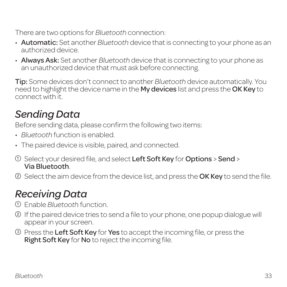 Sending data, Receiving data | AT&T Z331 User Manual | Page 39 / 84