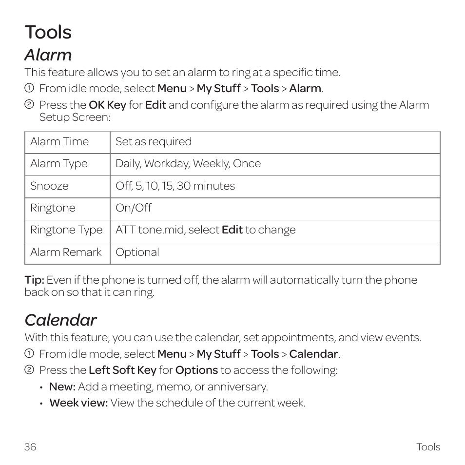 Tools, Alarm, Calendar | AT&T Z331 User Manual | Page 42 / 84
