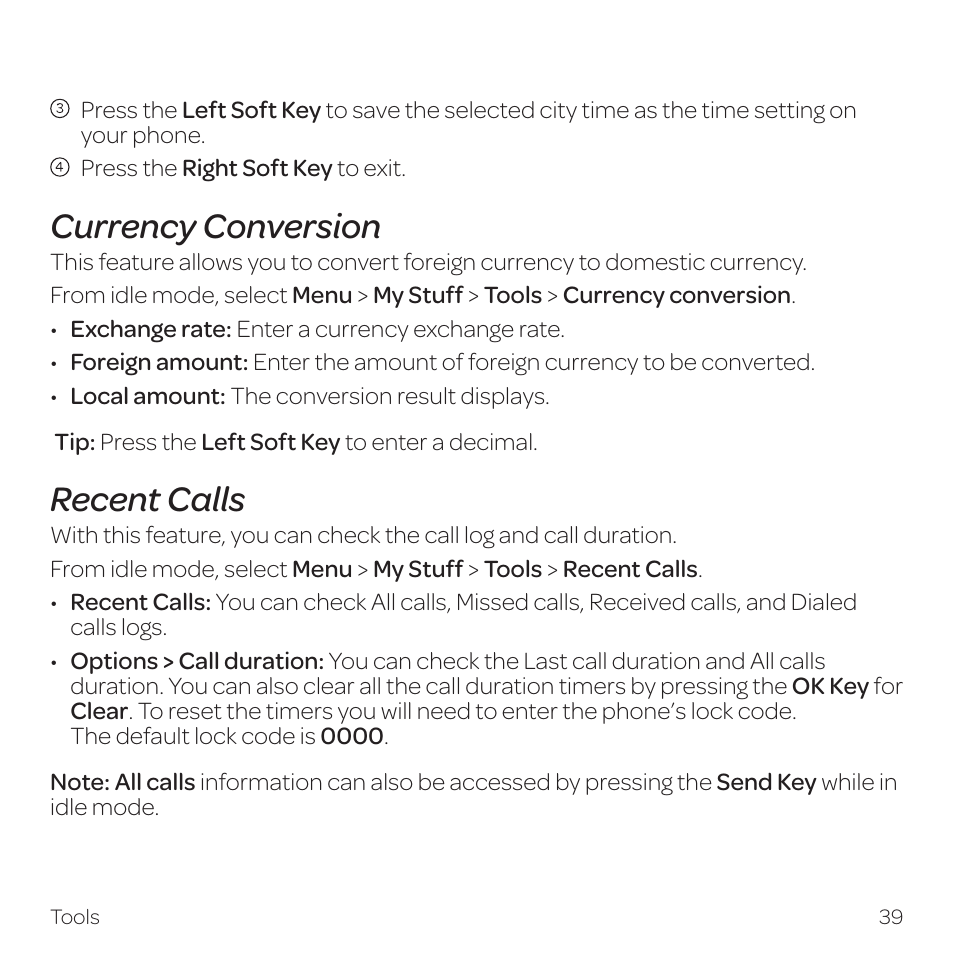 Currency conversion, Recent calls | AT&T Z331 User Manual | Page 45 / 84