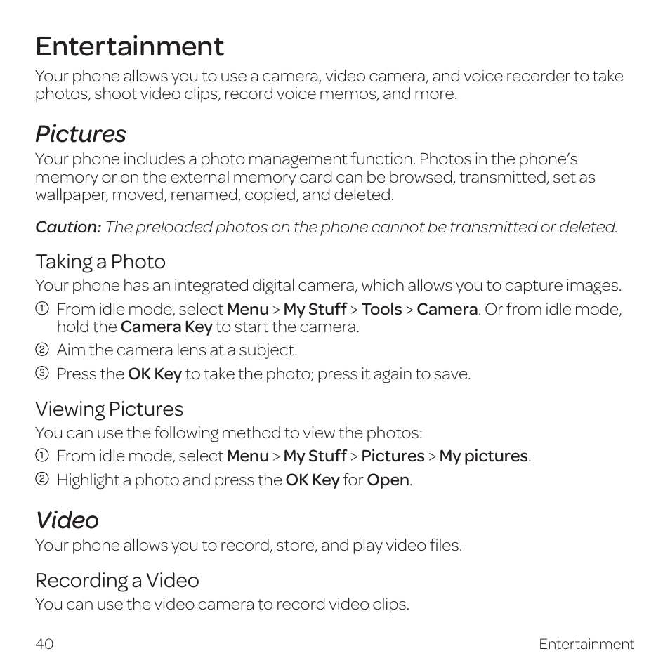 Entertainment, Pictures, Video | AT&T Z331 User Manual | Page 46 / 84