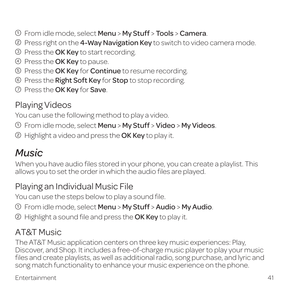 Music, Playing videos, Playing an individual music file | At&t music | AT&T Z331 User Manual | Page 47 / 84