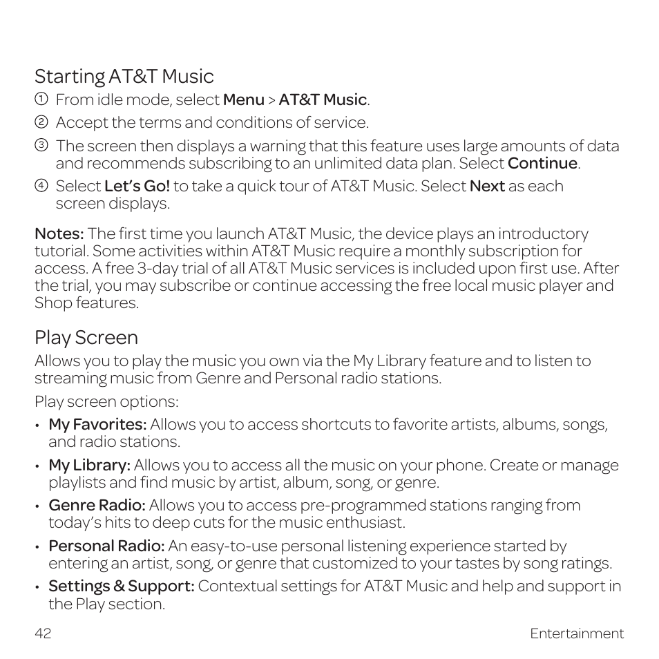 Starting at&t music, Play screen | AT&T Z331 User Manual | Page 48 / 84