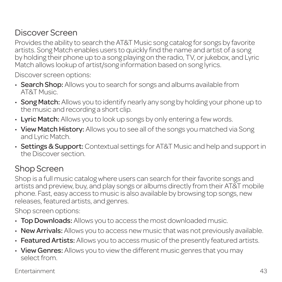 Discover screen, Shop screen | AT&T Z331 User Manual | Page 49 / 84