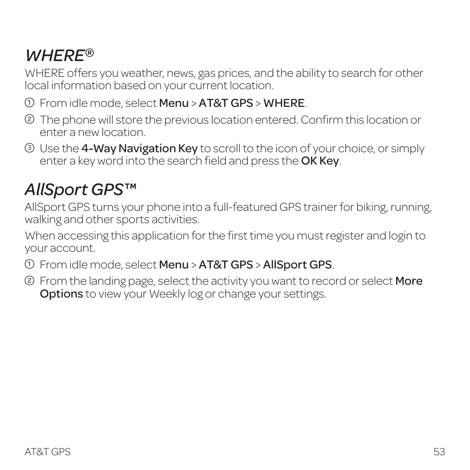 Where, Allsport gps | AT&T Z331 User Manual | Page 59 / 84