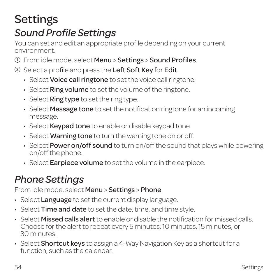Settings, Sound profile settings, Phone settings | AT&T Z331 User Manual | Page 60 / 84