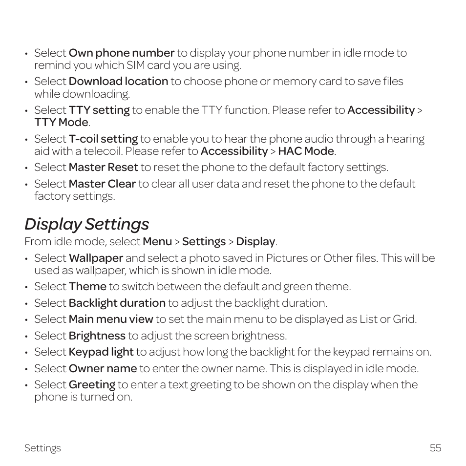 Display settings | AT&T Z331 User Manual | Page 61 / 84