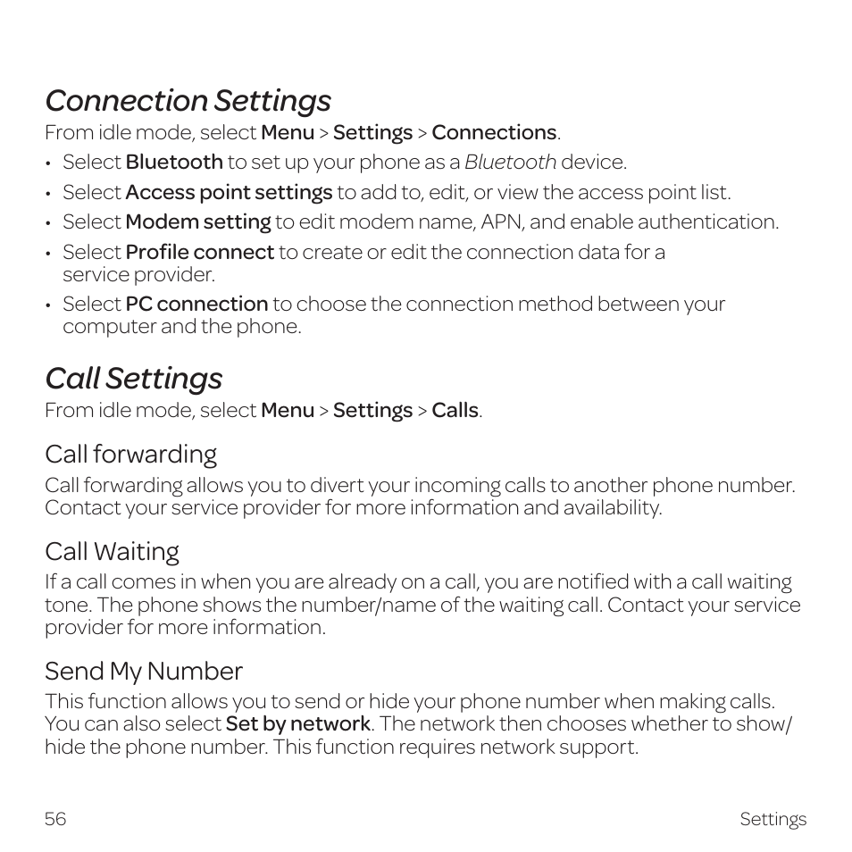 Connection settings, Call settings | AT&T Z331 User Manual | Page 62 / 84