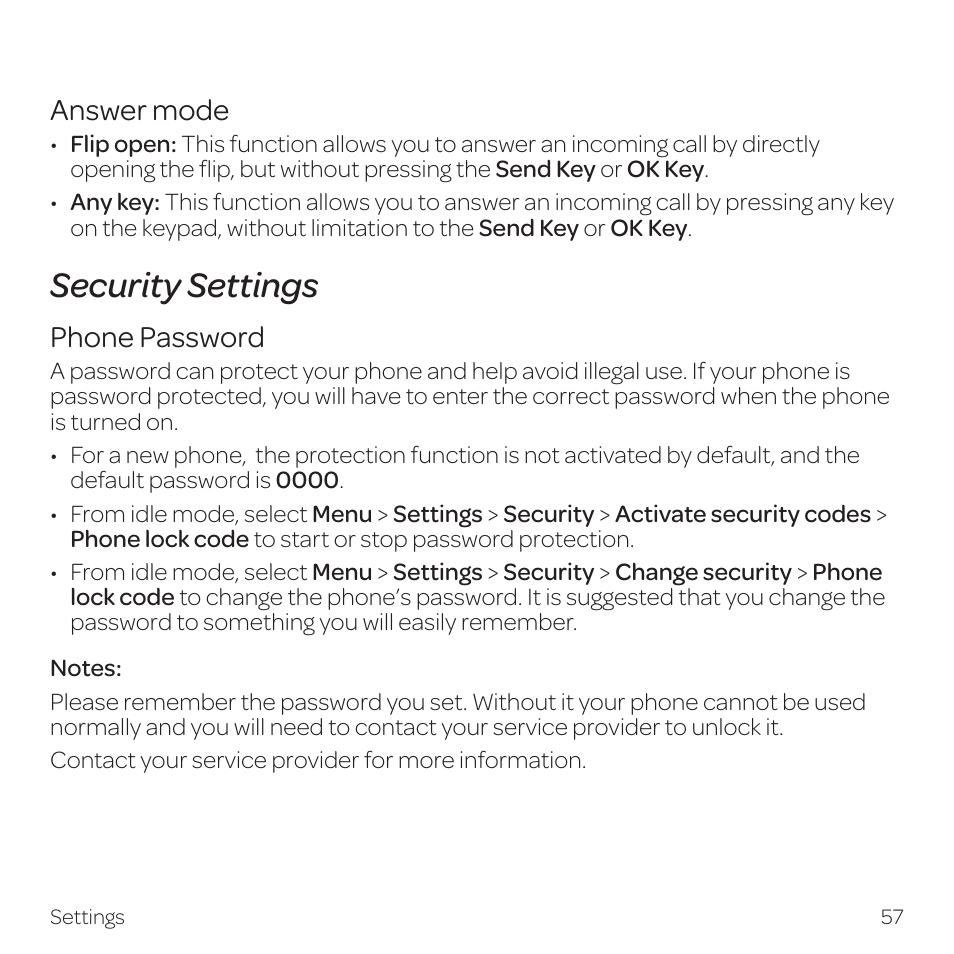 Security settings, Answer mode, Phone password | AT&T Z331 User Manual | Page 63 / 84