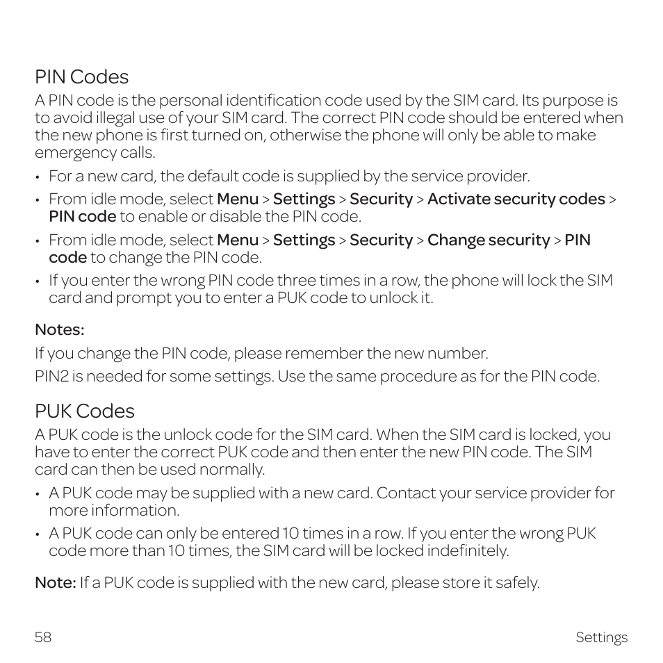 Pin codes, Puk codes | AT&T Z331 User Manual | Page 64 / 84