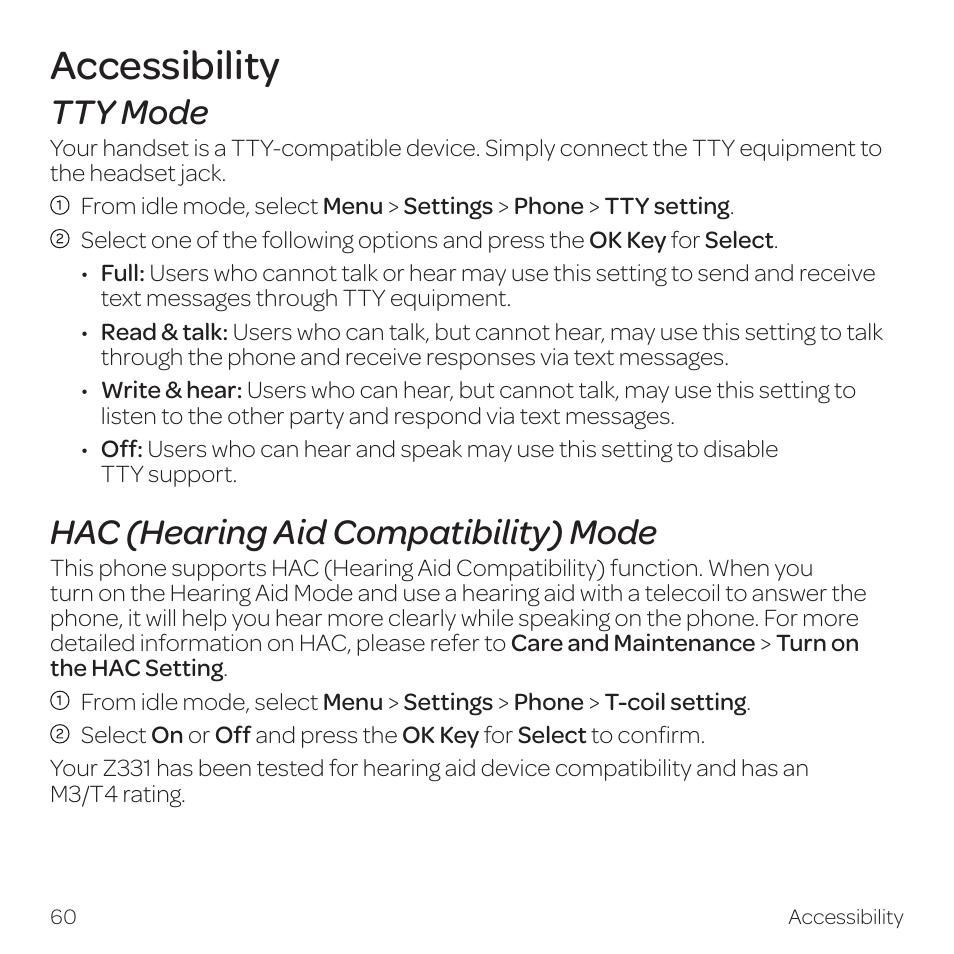 Accessibility, Tty mode, Hac (hearing aid compatibility) mode | AT&T Z331 User Manual | Page 66 / 84