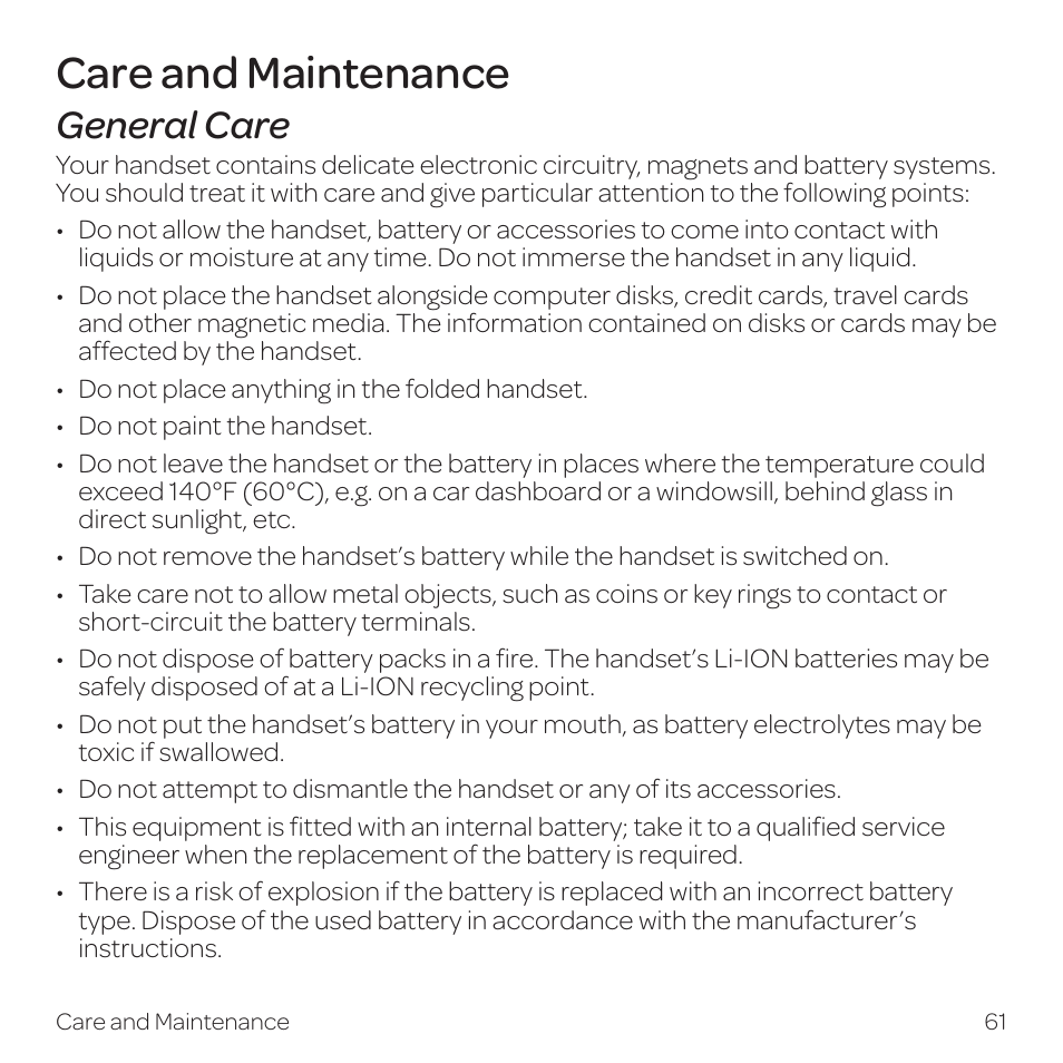 Care and maintenance, General care | AT&T Z331 User Manual | Page 67 / 84