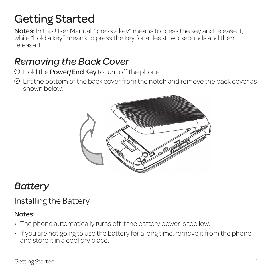 Getting started, Removing the back cover, Battery | AT&T Z331 User Manual | Page 7 / 84