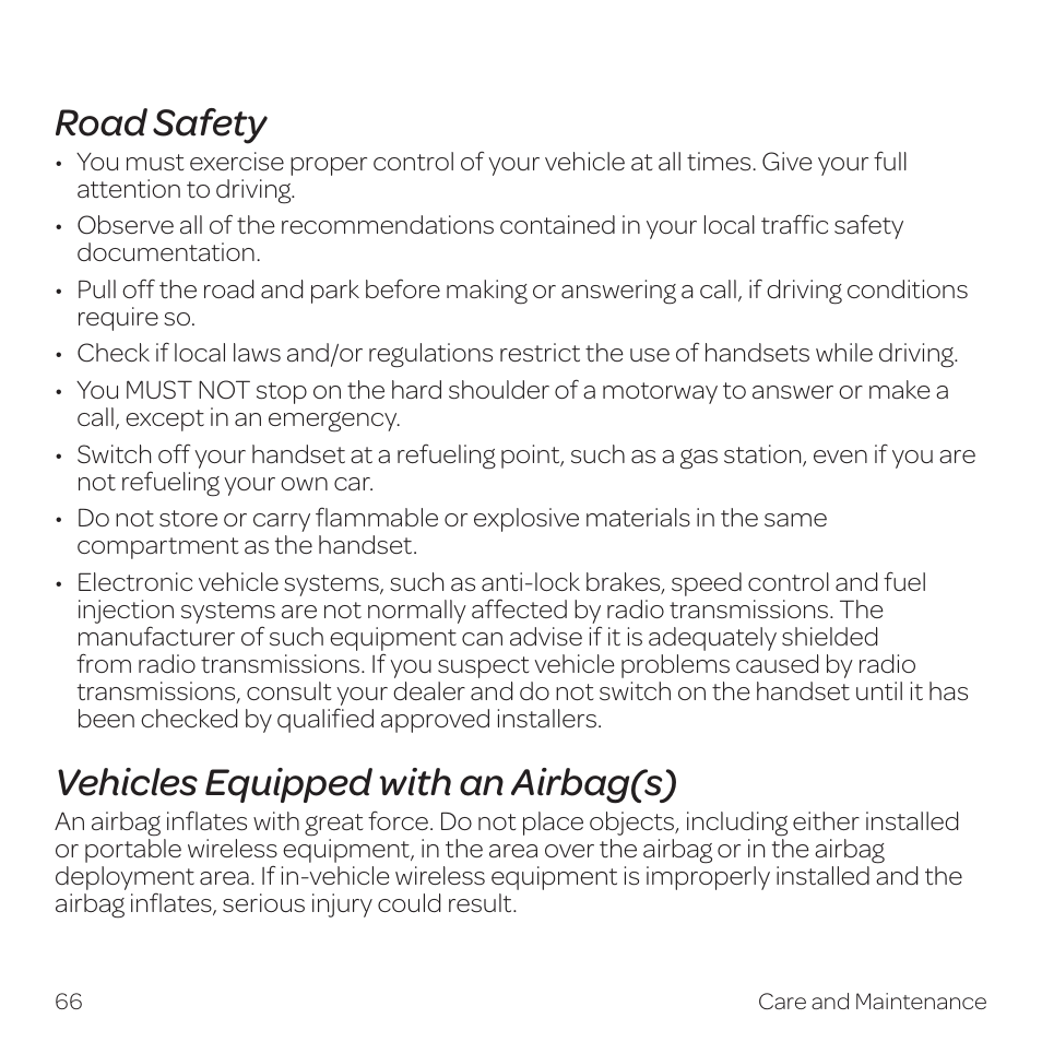 Road safety, Vehicles equipped with an airbag(s) | AT&T Z331 User Manual | Page 72 / 84