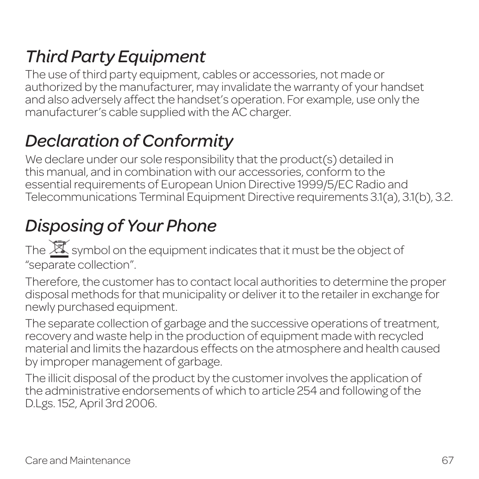 Third party equipment, Declaration of conformity, Disposing of your phone | AT&T Z331 User Manual | Page 73 / 84