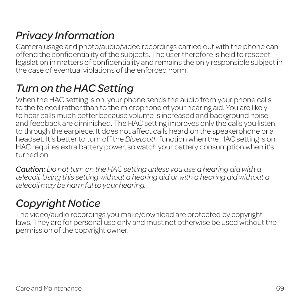 Privacy information, Turn on the hac setting, Copyright notice | AT&T Z331 User Manual | Page 75 / 84