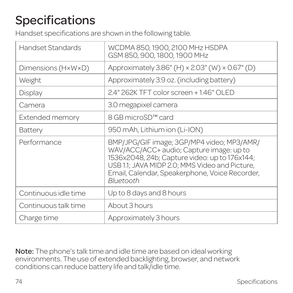 Specifications | AT&T Z331 User Manual | Page 80 / 84