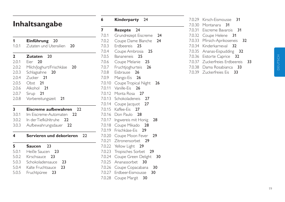 Inhaltsangabe | Philips Sorbetière User Manual | Page 19 / 84