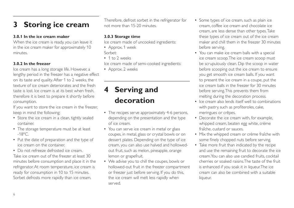 3 storing ice cream, 4 serving and decoration | Philips Sorbetière User Manual | Page 6 / 84