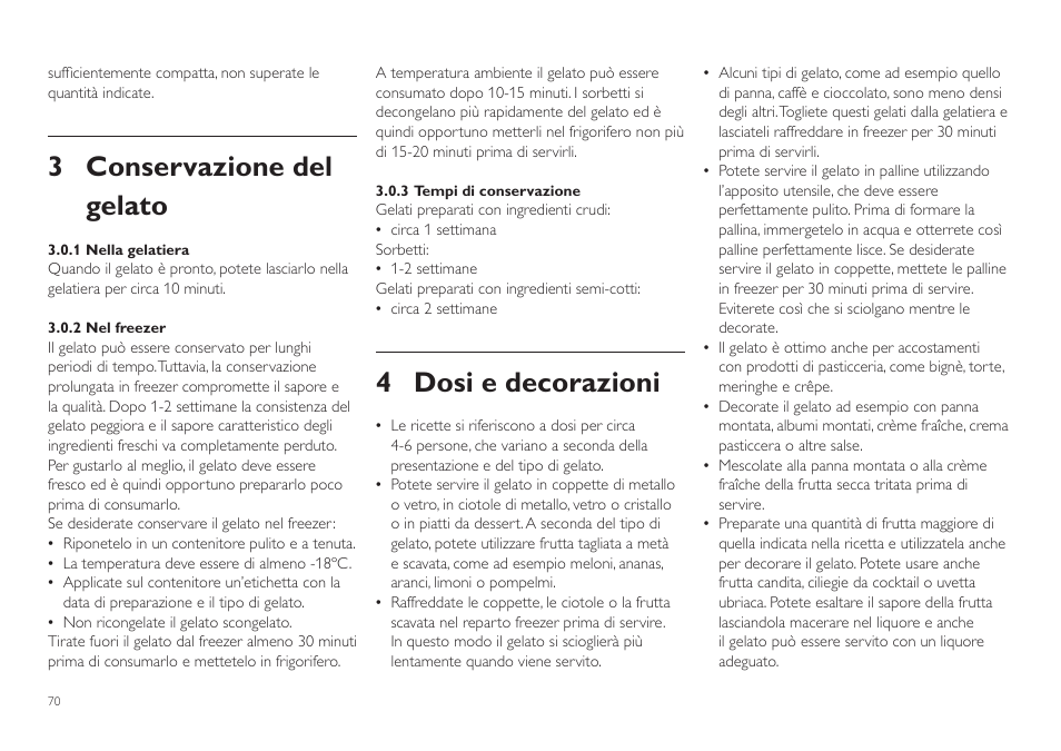 3 conservazione del gelato, 4 dosi e decorazioni | Philips Sorbetière User Manual | Page 70 / 84