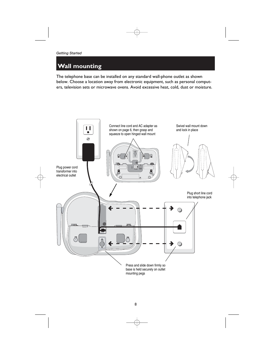 Wall mounting, Plug power cord transformer into electrical outlet, Connect line cord and ac adapter | Swivel wall mount down and lock in place, Plug short line cord into telephone jack | AT&T 1165 User Manual | Page 10 / 47