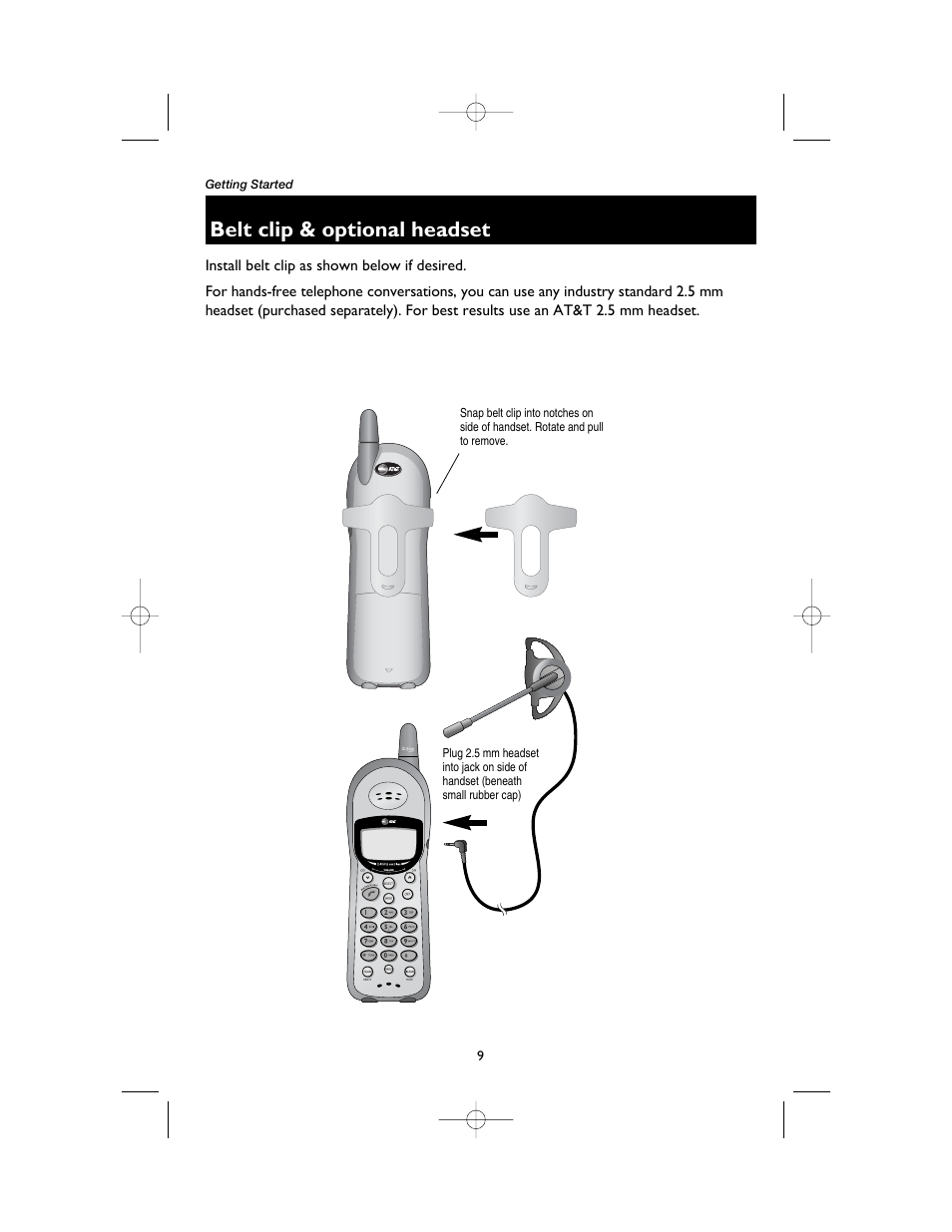 Belt clip & optional headset | AT&T 1165 User Manual | Page 11 / 47